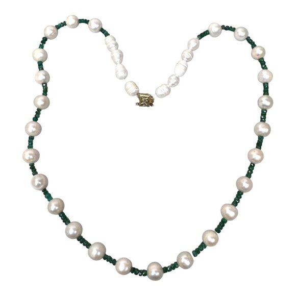 Freshwater Button Large Pearl & Emerald Green Bead Necklace 14k Gold Clasp VTG - Picture 3 of 6